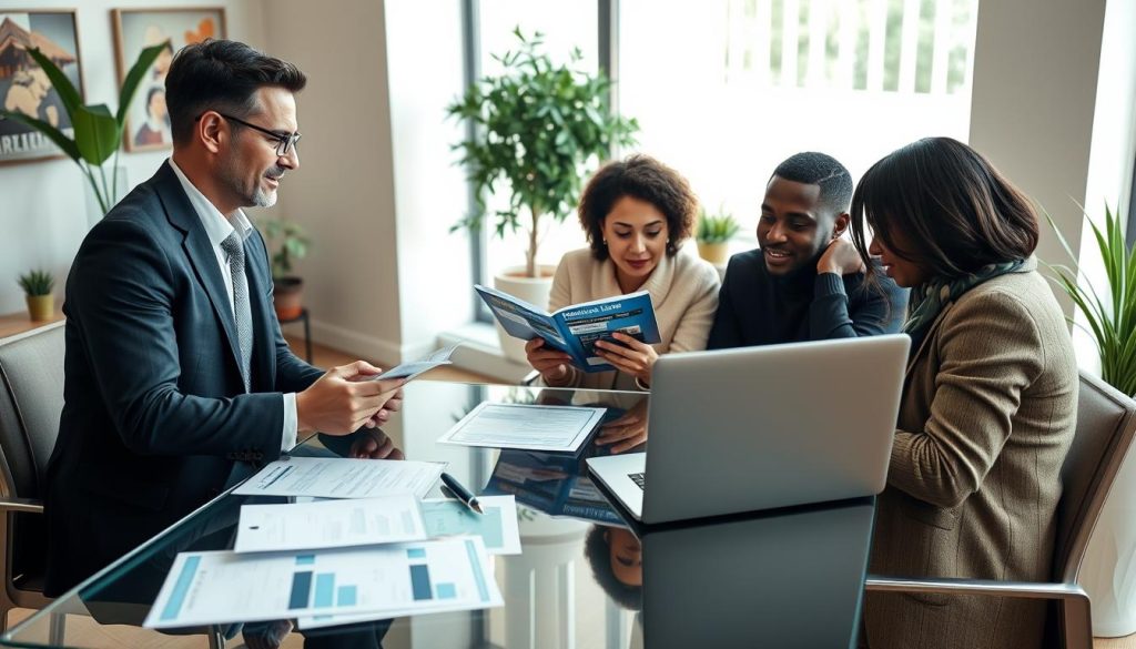 A professional financial consultation scene depicting a diverse group of adults in a modern office setting. In the foreground, a well-dressed financial advisor, male and female, interacts with a couple sitting across a sleek glass table, reviewing various bank loan documents. The middle ground features clearly visible bank brochures and a laptop displaying comparative interest rates. The background showcases a large window with natural light illuminating the room, creating a warm and inviting atmosphere. The setting conveys a feeling of trust and professionalism, with subtle decorative elements like potted plants and minimalist artwork. Capture the expressions of focus and determination on the faces of the individuals as they engage in this important financial discussion. Use soft, diffused lighting to enhance the approachable professionalism of the scene.