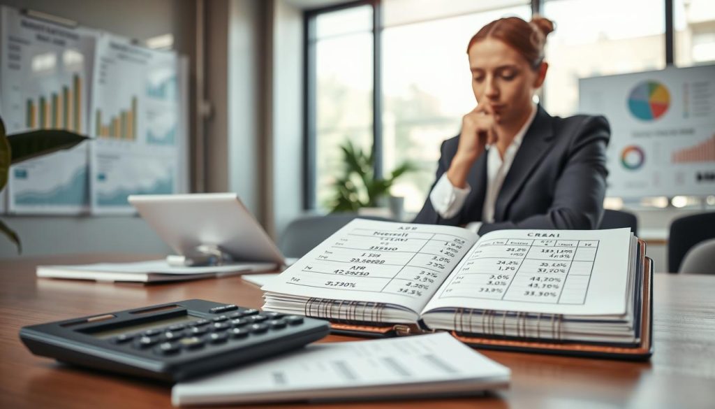 A professional financial setting showcasing two main elements: the concept of "interest rates" and "credit limits." In the foreground, depict a calculator and a notepad with detailed financial calculations and graphs showing APR percentages. In the middle, include a confident business professional, dressed in formal attire, analyzing these documents with a thoughtful expression. The background features a modern office environment with a large window, natural light streaming in, and financial charts or infographics on the walls. The atmosphere should be focused and analytical, conveying a sense of diligence and professionalism, emphasizing the importance of understanding these financial concepts before applying for loans.