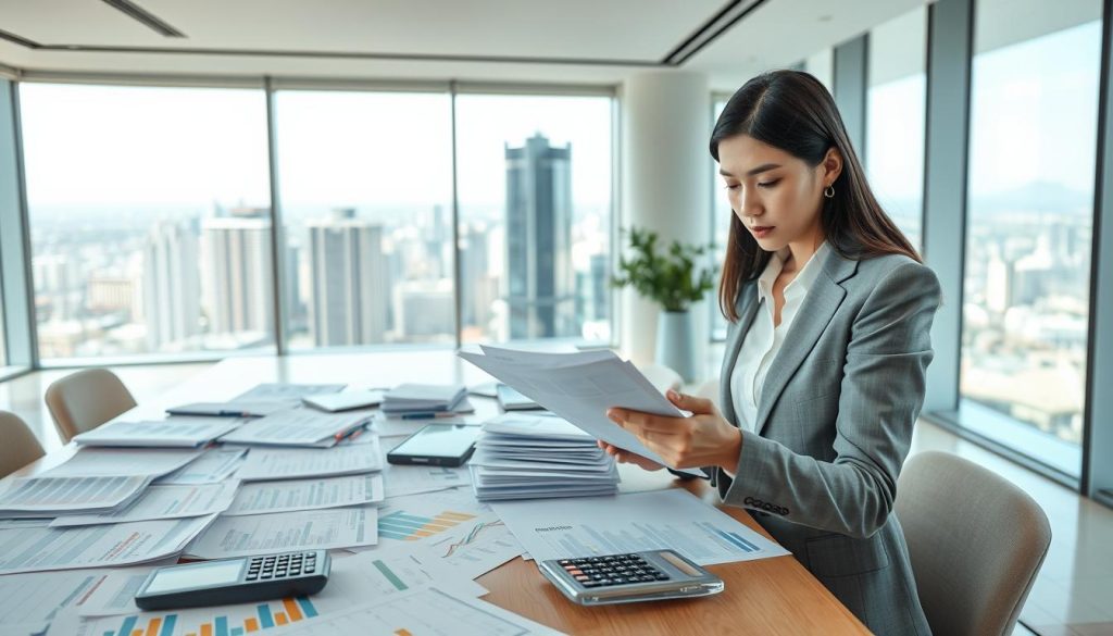 A professional financial setting showcasing "信貸條件". In the foreground, a well-dressed businesswoman in formal attire is reviewing documents with a focused expression. The middle layer features a large financial table cluttered with various loan condition charts, calculators, and financial reports. In the background, an elegant modern office with large windows provides a panoramic view of a bustling city skyline. Soft natural lighting floods the room, highlighting the details of the papers and the determined look on the businesswoman's face. The atmosphere is serious and professional, conveying the importance of understanding different loan conditions. A shallow depth of field emphasizes both the subject and the financial documents surrounding her.