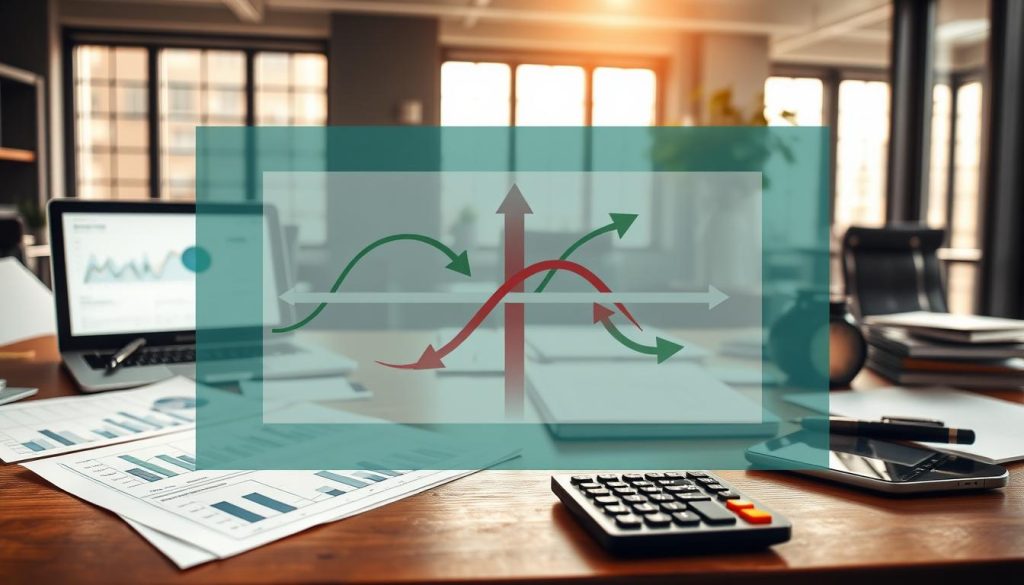 A professional financial workspace featuring an intricate cash flow map. In the foreground, a wooden desk laden with financial documents, a laptop displaying graphs, and an elegant calculator. Layered in the middle, a large, clear cash flow diagram with arrows indicating inflows and outflows, symbolizing financial movement and risk, illustrated in rich colors like green for positive cash flow and red for negative. The background shows a modern office environment with large windows letting in natural light, casting soft shadows, enhancing the atmosphere of professionalism and focus. The overall mood is attentive and analytical, inviting viewers to engage deeply with the complexities of cash flow risks related to credit issues.