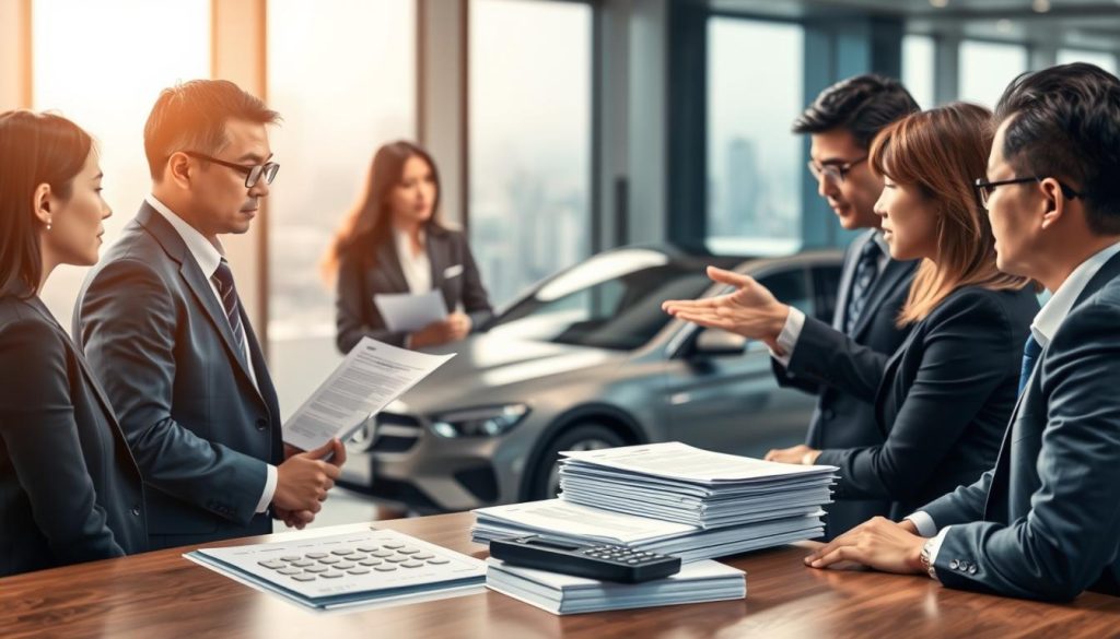 A professional illustration depicting the "先清償再過戶流程" (Repayment Before Transfer Process) for car sales. In the foreground, show a diverse group of three individuals in smart business attire, discussing paperwork and gesturing towards a car; they appear focused and engaged in a serious conversation. The middle ground features a sleek car and a stack of documents symbolizing loan repayment, perhaps with a calculator resting on top, suggesting financial planning. In the background, there is a soft-focus view of an office setting with a window showing a cityscape bathed in soft, natural light, creating a diligent atmosphere. The angle is slightly elevated to capture the expressions and interactions of the individuals, while maintaining clarity of the documents and car. The overall mood is professional and informative, emphasizing careful deliberation in the process. A professional illustration depicting the "先清償再過戶流程" (Repayment Before Transfer Process) for car sales. In the foreground, show a diverse group of three individuals in smart business attire, discussing paperwork and gesturing towards a car; they appear focused and engaged in a serious conversation. The middle ground features a sleek car and a stack of documents symbolizing loan repayment, perhaps with a calculator resting on top, suggesting financial planning. In the background, there is a soft-focus view of an office setting with a window showing a cityscape bathed in soft, natural light, creating a diligent atmosphere. The angle is slightly elevated to capture the expressions and interactions of the individuals, while maintaining clarity of the documents and car. The overall mood is professional and informative, emphasizing careful deliberation in the process.