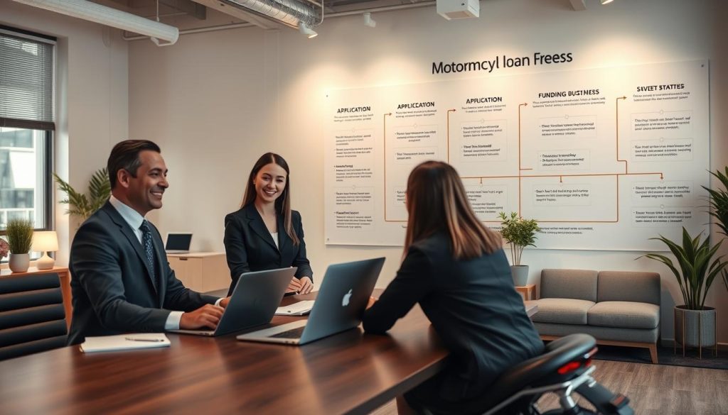 A professional indoor scene depicting the "motorcycle loan process." In the foreground, a friendly customer service representative in formal business attire is assisting a customer at a sleek wooden desk, with documents and a laptop open in front of them. The middle layer showcases a large, visually engaging flowchart on the wall that outlines the various stages of the loan process, such as application, approval, and funding. In the background, a well-organized office space features modern furniture, plants, and soft ambient lighting creating a welcoming atmosphere. The overall mood is informative and professional, suggesting a sense of clarity and trust amidst the loan process. Suitable for use in an article, the image should have a clear focus without any text overlays or distractions. A professional indoor scene depicting the "motorcycle loan process." In the foreground, a friendly customer service representative in formal business attire is assisting a customer at a sleek wooden desk, with documents and a laptop open in front of them. The middle layer showcases a large, visually engaging flowchart on the wall that outlines the various stages of the loan process, such as application, approval, and funding. In the background, a well-organized office space features modern furniture, plants, and soft ambient lighting creating a welcoming atmosphere. The overall mood is informative and professional, suggesting a sense of clarity and trust amidst the loan process. Suitable for use in an article, the image should have a clear focus without any text overlays or distractions.