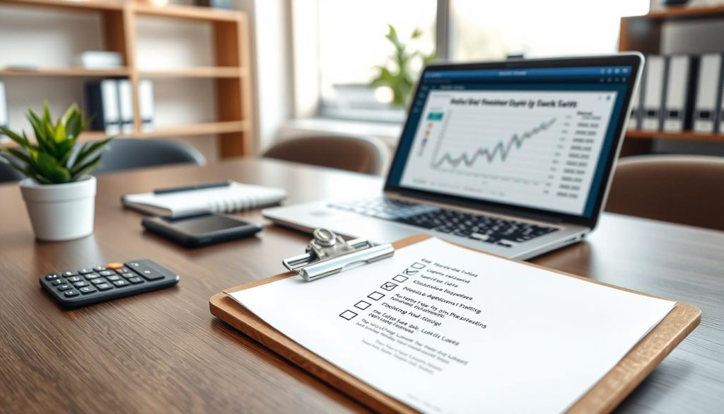 A professional-looking office desk scene featuring a detailed self-checklist for land loan applications. In the foreground, a neatly organized desk displays a clipboard with a checklist titled "Self-Pre-Application Checklist." The checklist should have clear bullet points and be adorned with checkmarks. The middle ground features a laptop open with financial graphs on the screen, a calculator, and a potted plant for a touch of greenery. In the background, subtle hints of a modern office environment can be seen, including shelves with financial books and a window letting in soft daylight. The atmosphere is focused and productive, enhancing the theme of preparation and financial responsibility. The image should maintain a clean and professional aesthetic, suitable for a business article.