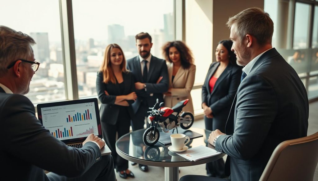 A professional-looking office environment where a diverse group of individuals is discussing motorcycle loans. In the foreground, a person in business attire is looking at a laptop, displaying charts and graphs related to loan options. The middle ground features a small round table with documents, a coffee cup, and a motorcycle model as a centerpiece, symbolizing the subject. In the background, a large window with natural light filters through, showcasing a cityscape. The atmosphere is focused and collaborative, with warm lighting casting soft shadows, highlighting the seriousness of the discussion. The overall mood should convey an air of professionalism and financial responsibility, suitable for an article about motorcycle loans.