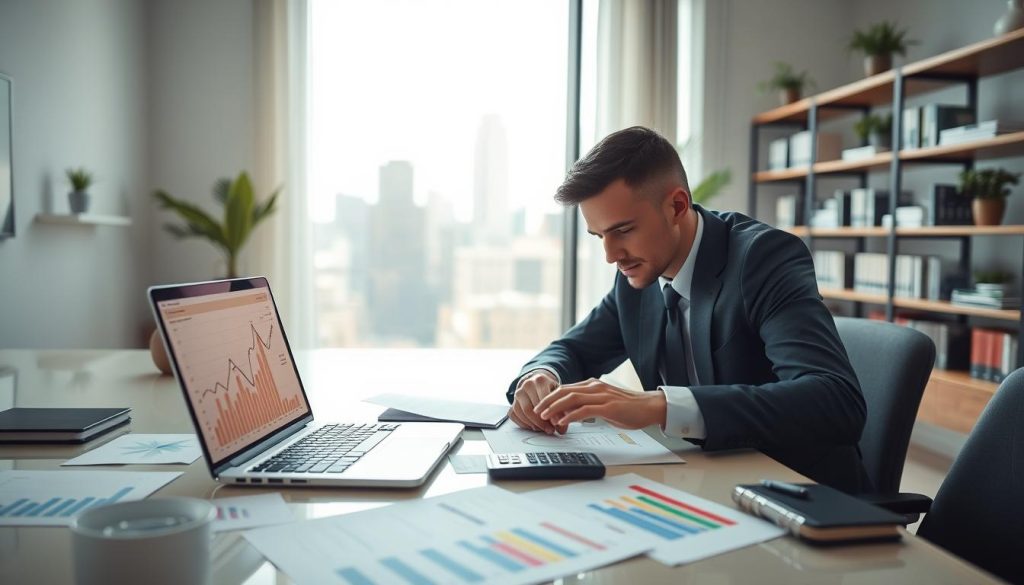 A professional-looking office setting with a sleek desk covered in financial documents and a laptop displaying graphs related to personal credit loan limits. In the foreground, a focused individual in smart business attire is analyzing the data intensely, surrounded by colorful charts and calculators. In the middle, a large window reveals a city skyline, symbolizing opportunities and growth. Soft, natural lighting floods the room, creating a warm yet professional atmosphere. In the background, shelves filled with finance books and small potted plants enhance the intellectual vibe. The lens has a slight depth of field to keep the subject sharp while softly blurring the surroundings, emphasizing the importance of mastering credit limits before applying for loans. A professional-looking office setting with a sleek desk covered in financial documents and a laptop displaying graphs related to personal credit loan limits. In the foreground, a focused individual in smart business attire is analyzing the data intensely, surrounded by colorful charts and calculators. In the middle, a large window reveals a city skyline, symbolizing opportunities and growth. Soft, natural lighting floods the room, creating a warm yet professional atmosphere. In the background, shelves filled with finance books and small potted plants enhance the intellectual vibe. The lens has a slight depth of field to keep the subject sharp while softly blurring the surroundings, emphasizing the importance of mastering credit limits before applying for loans.