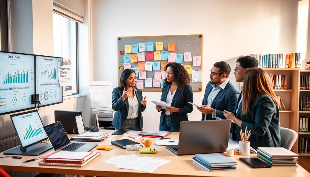 A professional-looking workspace with a clean desk cluttered with tools for monitoring credit statuses, such as charts, a laptop displaying graphs, and credit score reports. In the foreground, a diverse group of individuals in business attire are engaged in a collaborative discussion, pointing at the screen and taking notes. The middle of the image features a well-organized bulletin board filled with colorful, neatly pinned reminders about credit health. In the background, there are shelves lined with books on financial literacy and credit management. Soft, natural lighting floods the room from a window, creating a warm, productive atmosphere. The overall mood is one of focus and proactive engagement in maintaining financial health.