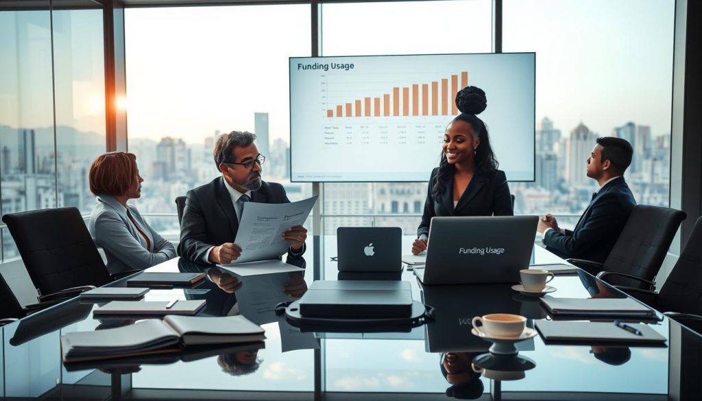 A professional meeting scene set in a modern office, focusing on a diverse group of business professionals gathered around a sleek glass conference table. In the foreground, a middle-aged Asian man in a suit is analyzing a document labeled "Funding Usage", while a young Black woman in business attire is presenting financial charts on a large screen, emphasizing financial data. The middle ground features a well-organized workspace with notebooks, laptops, and coffee cups, while the background reveals a panoramic view of a bustling city skyline through large windows, illuminated by soft, natural light. The atmosphere conveys tension and seriousness, reflecting the theme of increasing difficulty in obtaining credit due to unclear or speculative funding purposes.