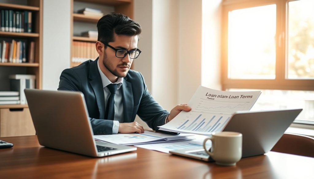 A professional office environment featuring a focused individual analyzing financial documents on a sleek wooden desk, surrounded by graphs and charts illustrating loan term options. In the foreground, a laptop displays a loan calculator, while a cup of coffee adds a personal touch. In the middle, a window with soft natural light casts a warm glow, highlighting the determination on the subject's face, dressed in business attire. In the background, a blurred bookshelf filled with financial literature emphasizes a sense of readiness and knowledge. The overall atmosphere is serious yet optimistic, conveying the complexities of loan installment plans and their impact on financial health.