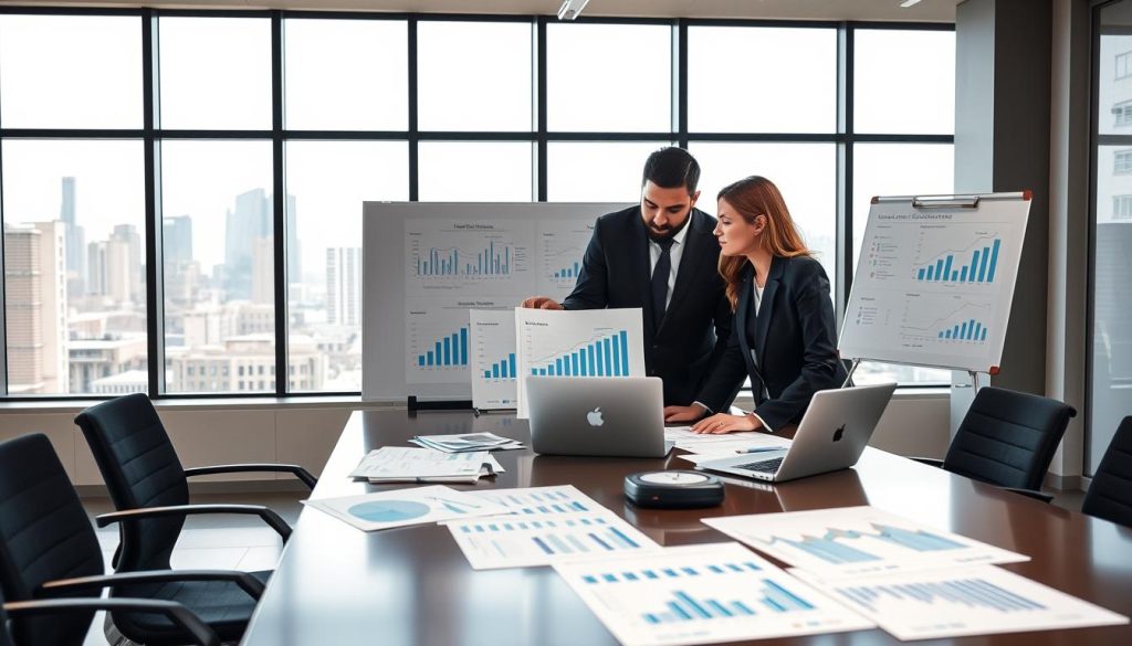 A professional office environment featuring a sleek conference table with charts and financial documents spread across it. In the foreground, a diverse group of two business professionals, one male and one female, are intently analyzing a cash flow forecast on a laptop, both dressed in smart business attire. The middle ground shows a whiteboard filled with financial projections and graphs that illustrate revenue streams. In the background, large windows reveal a city skyline, flooded with natural light, creating a warm and motivating atmosphere. The entire scene is captured from a slightly elevated angle, emphasizing the teamwork and strategic planning involved in effective financial forecasting. The mood conveys focus, determination, and clarity, perfect for illustrating cash flow management in business expansion.