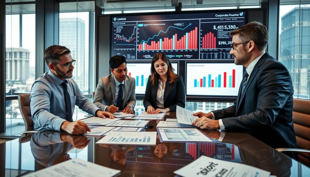A professional office environment filled with business professionals engaged in a strategic discussion about corporate financing. In the foreground, a diverse group of three individuals in professional business attire—two men and one woman—are collaborating over organized company financial reports and tax documents spread across a polished conference table. One individual points to key figures on a document, while the others listen intently. In the middle ground, a digital display board shows graphs and charts depicting financial data and trends, enhancing the atmosphere of a focused negotiation. The background features large windows with city views, allowing natural light to illuminate the scene, creating a serious yet optimistic mood. The image captures the essence of diligence and professionalism in financial planning and negotiation strategies. A professional office environment filled with business professionals engaged in a strategic discussion about corporate financing. In the foreground, a diverse group of three individuals in professional business attire—two men and one woman—are collaborating over organized company financial reports and tax documents spread across a polished conference table. One individual points to key figures on a document, while the others listen intently. In the middle ground, a digital display board shows graphs and charts depicting financial data and trends, enhancing the atmosphere of a focused negotiation. The background features large windows with city views, allowing natural light to illuminate the scene, creating a serious yet optimistic mood. The image captures the essence of diligence and professionalism in financial planning and negotiation strategies.