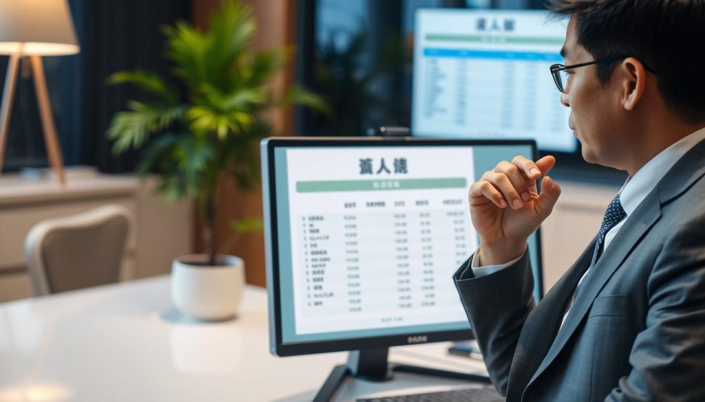 A professional office environment focused on personal finance, featuring a computer screen displaying a detailed credit report with the Chinese characters "聯徵查詢" prominently visible. In the foreground, a well-dressed individual, a middle-aged Asian man in a business suit, is thoughtfully reviewing the screen, with a slight look of concern. The background includes stylish office elements such as a sleek desk, a potted plant, and soft ambient lighting that creates a calm and professional atmosphere. The image is captured with a slight depth of field, emphasizing the subject while softly blurring the background. The overall mood is reflective and serious, illustrating the theme of financial caution amidst frequent credit inquiries.