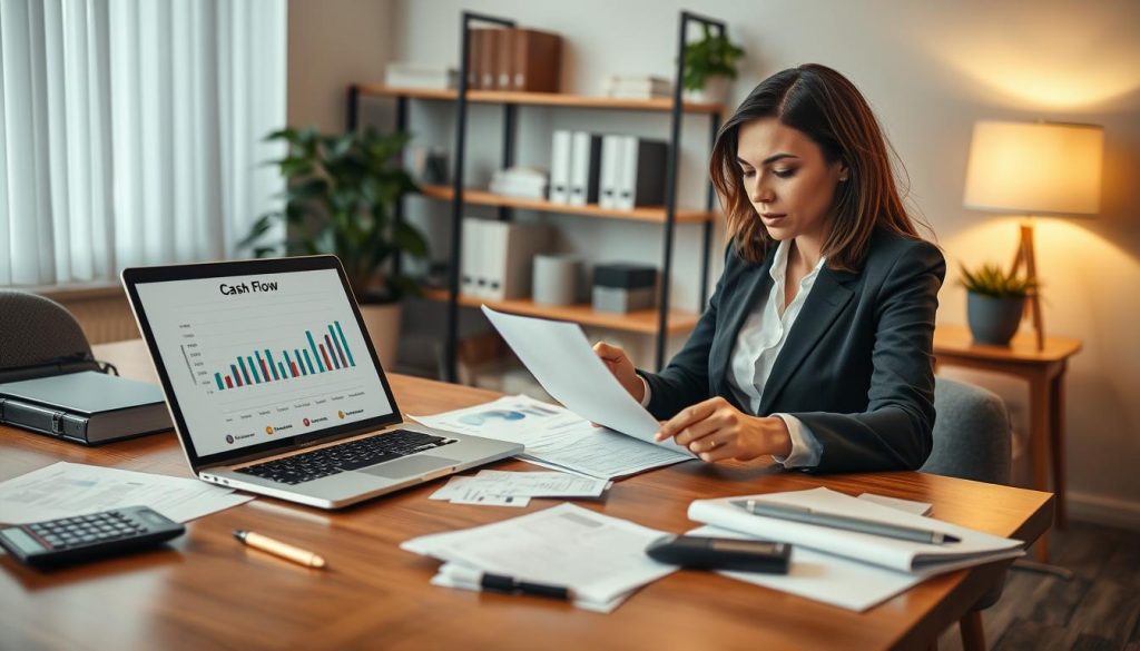 A professional office environment focusing on cash flow management. In the foreground, a sleek wooden desk with a laptop open, showing a detailed cash flow chart. Scattered around are financial documents, a calculator, and a modern pen. In the middle layer, a person in smart business attire, a confident businesswoman, is analyzing the documents with a thoughtful expression, jotting down notes on a notepad. The background showcases a well-organized shelf with books on finance, a soft glowing lamp, and a potted plant adding a touch of greenery. The lighting is warm and inviting, creating a focused yet relaxed atmosphere, captured from a slightly low angle to emphasize determination and professionalism in managing finances.