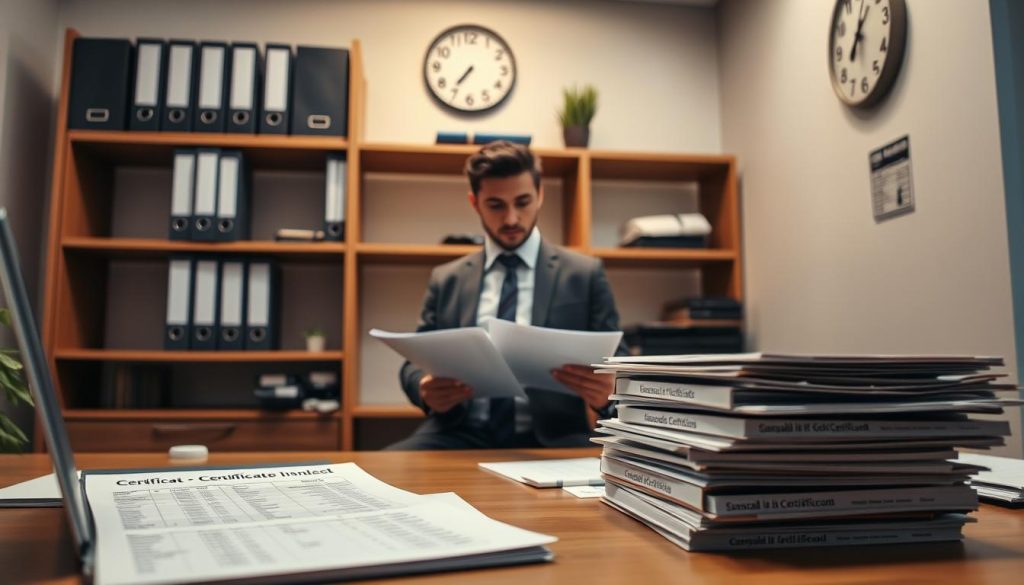 A professional office environment focusing on certificate management and financial tracking. In the foreground, a well-organized desk with a laptop displaying spreadsheets about fund flows and certificates. To the side, a stack of certificates and documents labeled with financial categories. In the middle, a focused business professional in modest business attire, examining documents under soft, warm lighting. The background features a shelf filled with neatly arranged binders and a wall clock, emphasizing punctuality and organization. The atmosphere is serious yet focused, reflecting the importance of careful fund management and documentation in corporate finance. The camera angle is slightly elevated, providing a clear view of the desk and the interacting professional.