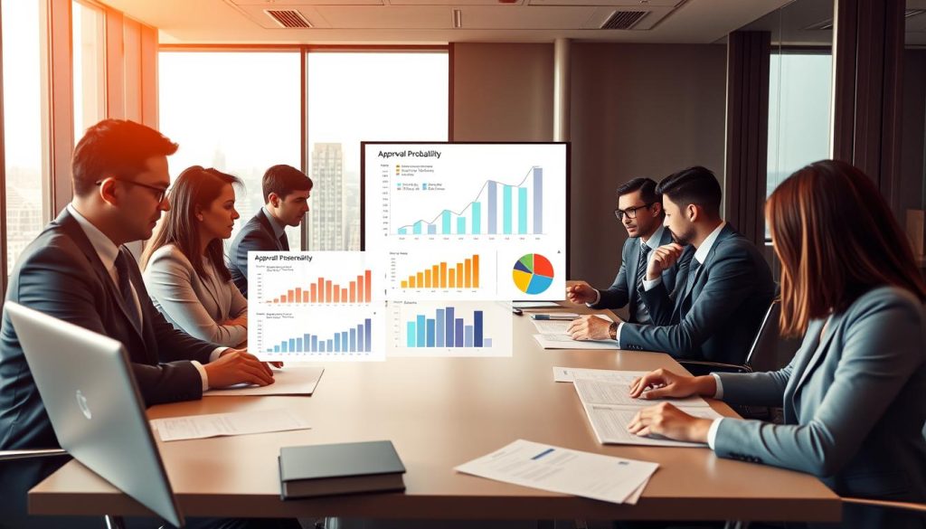 A professional office environment illustrating the concept of "approval probability" in relation to risk grading in banking. In the foreground, a set of diverse business professionals in smart business attire are seated around a modern conference table, intently analyzing documents and digital screens displaying risk assessment charts and statistics. In the middle, graphs and pie charts visually depict different risk levels and their corresponding approval rates, glowing softly in the warm lighting. The background features a large window letting in natural light, with the city skyline visible, creating an atmosphere of professionalism and seriousness. The mood is focused and analytical, emphasizing the importance of risk assessment in credit approval decisions. Ensure there are no text overlays or graphics that detract from the visual storytelling.
