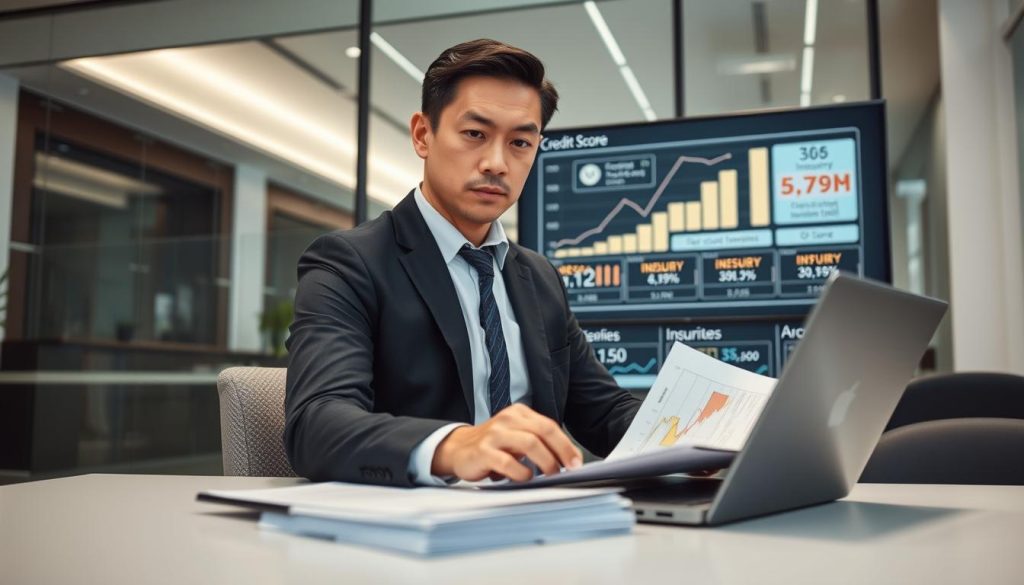 A professional office environment illustrating the concept of "聯徵查詢" (credit inquiries). In the foreground, a well-dressed person, representing a financial consultant, sits at a modern desk, analyzing financial documents on a laptop. Their expression is focused and contemplative. In the middle ground, charts and graphs depicting credit scores and inquiry statistics are displayed on a large digital screen, highlighting the importance of understanding credit history. The background features a sleek, contemporary office with glass walls and soft, natural lighting, creating a calm and professional atmosphere. The overall mood is serious yet informative, emphasizing the impact of frequent credit inquiries on loan approvals. Use a depth of field effect to draw attention to the consultant's expression and the data displayed.