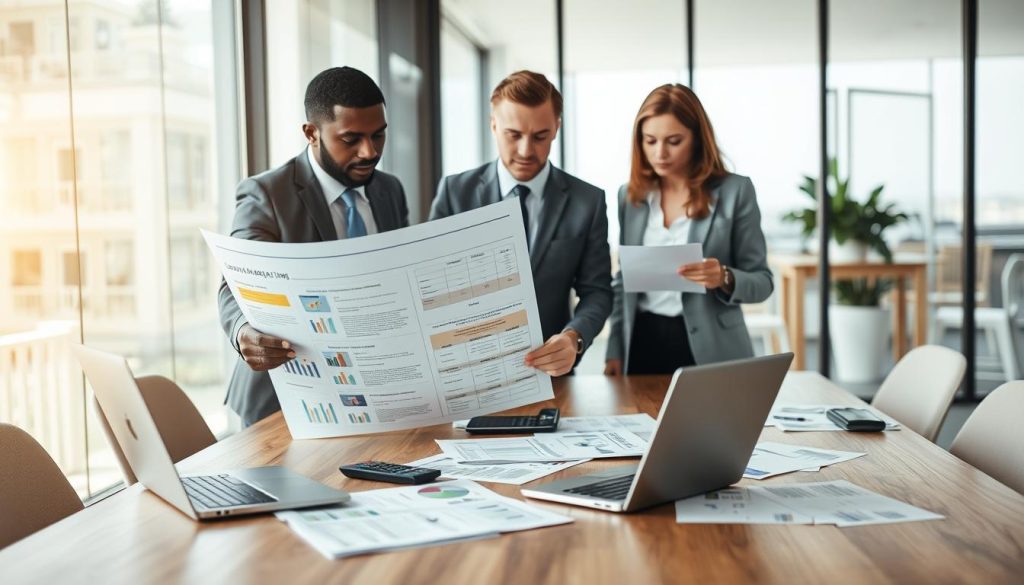 A professional office environment showcasing common errors in loan application fund usage. In the foreground, a diverse group of business professionals—two men and one woman—examining a large document with charts, graphs, and highlighted sections, dressed in smart business attire. In the middle ground, a large wooden conference table with a laptop, a calculator, and financial reports scattered across it. The background features a modern office space with large windows, allowing natural light to flood in, creating a bright and optimistic atmosphere. The overall mood is focused and analytical, emphasizing the importance of accuracy in financial documentation. Use soft lighting to enhance the clarity of the documents and details on the table.