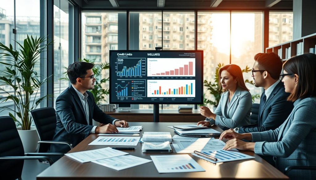 A professional office environment showcasing the concept of income recognition differences. In the foreground, a diverse group of three professionals in business attire are engaged in a discussion, looking intently at documents and financial charts spread across a conference table. In the middle, a large digital screen displays graphs and statistics related to credit limits and income evaluation. The background consists of a modern office with glass walls, plants, and bookshelves filled with financial literature, creating a sophisticated atmosphere. Soft natural lighting streams in from large windows, casting a warm glow across the scene, while a slight depth of field effect focuses on the foreground discussion. The overall mood conveys seriousness and insight, highlighting the complexities of financial evaluation.