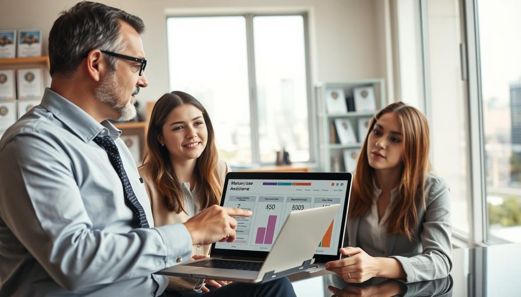 A professional office environment with a focus on motorcycle loan assistance. In the foreground, a well-dressed financial consultant, a middle-aged man with glasses, is discussing loan options with a young woman, who looks concerned but hopeful. The consultant points to a chart displaying credit qualifications and motorcycle options on a laptop. In the middle ground, there are shelves lined with financial brochures and certificates, adding an air of credibility. The background shows a bright, well-lit office with a window revealing a cityscape, symbolizing opportunity. The mood should be optimistic yet serious, emphasizing the importance of finding the right support when facing credit challenges for motorcycle loans. Use natural lighting to create a warm yet professional atmosphere. A professional office environment with a focus on motorcycle loan assistance. In the foreground, a well-dressed financial consultant, a middle-aged man with glasses, is discussing loan options with a young woman, who looks concerned but hopeful. The consultant points to a chart displaying credit qualifications and motorcycle options on a laptop. In the middle ground, there are shelves lined with financial brochures and certificates, adding an air of credibility. The background shows a bright, well-lit office with a window revealing a cityscape, symbolizing opportunity. The mood should be optimistic yet serious, emphasizing the importance of finding the right support when facing credit challenges for motorcycle loans. Use natural lighting to create a warm yet professional atmosphere.