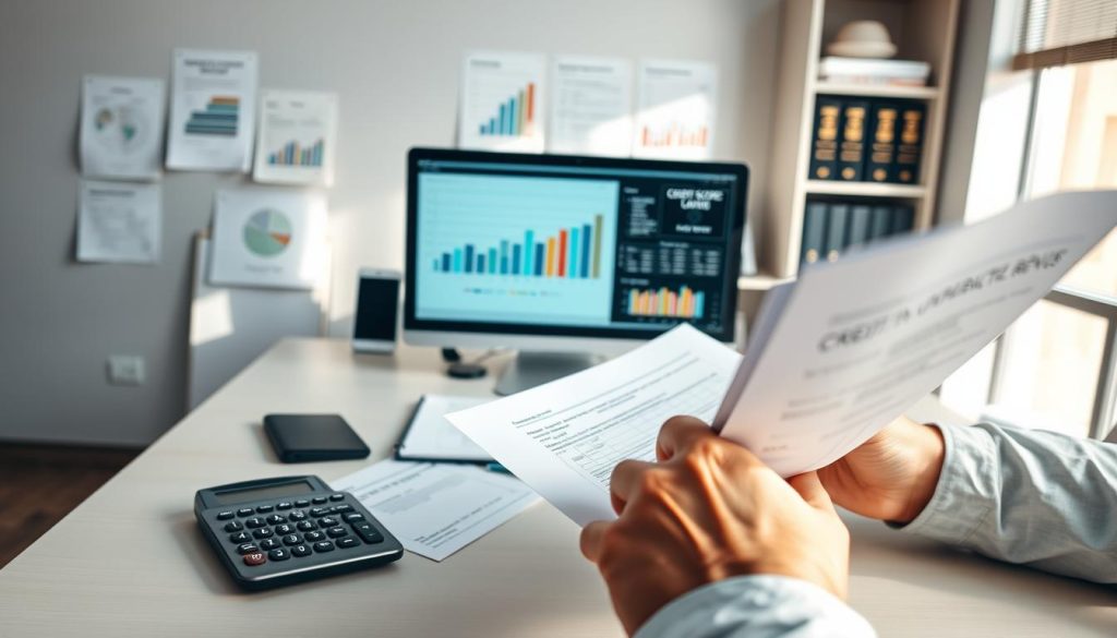 A professional office scene depicting a concerned individual reviewing loan documents at a sleek desk. In the foreground, a close-up of the person's hands holding a loan application, with a calculator and a notepad filled with notes on credit impact beside them. The middle ground features a modern computer displaying graphs and charts about credit scores and loan applications. In the background, soft-focus images of financial documents and books about credit management on a shelf add depth. The atmosphere is serious yet hopeful, with natural light streaming through a window, casting soft shadows. The individual is dressed in professional business attire, symbolizing diligence and responsibility. The camera angle is slightly above eye level, creating an engaging, informative perspective. A professional office scene depicting a concerned individual reviewing loan documents at a sleek desk. In the foreground, a close-up of the person's hands holding a loan application, with a calculator and a notepad filled with notes on credit impact beside them. The middle ground features a modern computer displaying graphs and charts about credit scores and loan applications. In the background, soft-focus images of financial documents and books about credit management on a shelf add depth. The atmosphere is serious yet hopeful, with natural light streaming through a window, casting soft shadows. The individual is dressed in professional business attire, symbolizing diligence and responsibility. The camera angle is slightly above eye level, creating an engaging, informative perspective.