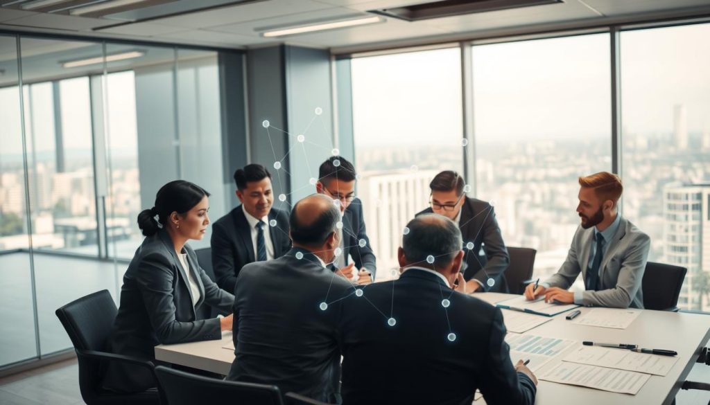 A professional office scene depicting the concept of "traceability in financial transactions." In the foreground, a group of diverse business professionals, dressed in business attire, are gathered around a large table covered with financial documents and charts. They are engaged in a serious discussion, analyzing data with focused expressions. In the middle, a transparent digital overlay portrays interconnected nodes and tracking lines that symbolize the flow and traceability of money. The background features a modern office setting with glass walls, a city skyline visible through the windows, and soft, natural lighting that creates a professional atmosphere. The scene should evoke a sense of diligence and importance in financial transparency and security.