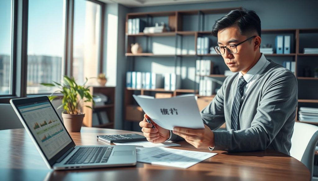 A professional office scene featuring a person in business attire, intently examining a document titled "解除設定查詢" at a modern desk. In the foreground, the individual is holding a pen, appearing contemplative, with a laptop open displaying financial spreadsheets. In the middle, a well-organized office environment is visible with shelves neatly stacked with books and files, incorporating a potted plant for a touch of warmth. The background features large windows with sunlight streaming in, casting soft shadows across the room, creating a focused and serious atmosphere. The colors are a balanced mix of blues and browns, establishing a sense of professionalism and clarity, while avoiding any clutter that might distract from the central theme of car loan inquiry. A professional office scene featuring a person in business attire, intently examining a document titled "解除設定查詢" at a modern desk. In the foreground, the individual is holding a pen, appearing contemplative, with a laptop open displaying financial spreadsheets. In the middle, a well-organized office environment is visible with shelves neatly stacked with books and files, incorporating a potted plant for a touch of warmth. The background features large windows with sunlight streaming in, casting soft shadows across the room, creating a focused and serious atmosphere. The colors are a balanced mix of blues and browns, establishing a sense of professionalism and clarity, while avoiding any clutter that might distract from the central theme of car loan inquiry.