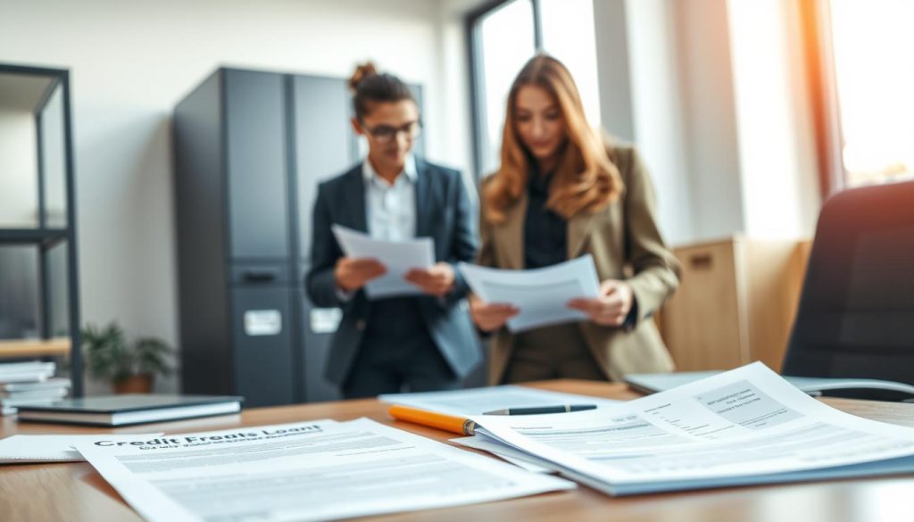 A professional office scene illustrating the concept of personal credit loans. In the foreground, a neatly organized desk with documents such as loan applications, a credit report, and financial statements spread out, emphasizing preparation for loan approval. In the middle ground, a diverse group of three individuals, dressed in smart business attire, discussing the documents earnestly, conveying a sense of teamwork and diligence. In the background, soft-focus elements like tall filing cabinets and a modern office window that lets in natural light, creating an airy atmosphere. The lighting is warm and inviting, suggesting a positive mood, while the angle captures a slightly elevated view, bringing clarity to the collaboration and the importance of being well-prepared in increasing loan approval chances. A professional office scene illustrating the concept of personal credit loans. In the foreground, a neatly organized desk with documents such as loan applications, a credit report, and financial statements spread out, emphasizing preparation for loan approval. In the middle ground, a diverse group of three individuals, dressed in smart business attire, discussing the documents earnestly, conveying a sense of teamwork and diligence. In the background, soft-focus elements like tall filing cabinets and a modern office window that lets in natural light, creating an airy atmosphere. The lighting is warm and inviting, suggesting a positive mood, while the angle captures a slightly elevated view, bringing clarity to the collaboration and the importance of being well-prepared in increasing loan approval chances.