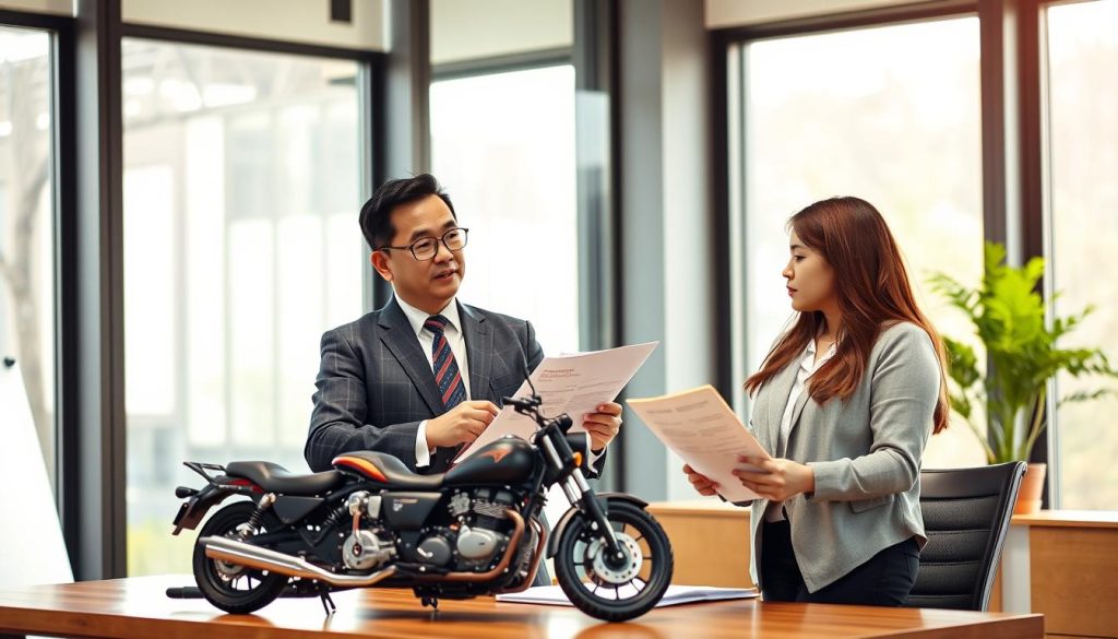 A professional office scene where a confident financial advisor is explaining motorcycle loan approval conditions to a client. The advisor, a middle-aged Asian man in business attire, stands beside a desk with documents and a laptop open, illustrating loan terms. The client, a young woman in modest casual clothing, appears engaged and thoughtful as she listens, with a motorcycle model on the desk. The background features a modern office with large windows letting in soft natural light, creating a welcoming atmosphere. The image captures a mood of professionalism and clarity, with a focus on the interaction between the advisor and the client, emphasizing understanding and guidance in the loan process. A professional office scene where a confident financial advisor is explaining motorcycle loan approval conditions to a client. The advisor, a middle-aged Asian man in business attire, stands beside a desk with documents and a laptop open, illustrating loan terms. The client, a young woman in modest casual clothing, appears engaged and thoughtful as she listens, with a motorcycle model on the desk. The background features a modern office with large windows letting in soft natural light, creating a welcoming atmosphere. The image captures a mood of professionalism and clarity, with a focus on the interaction between the advisor and the client, emphasizing understanding and guidance in the loan process.