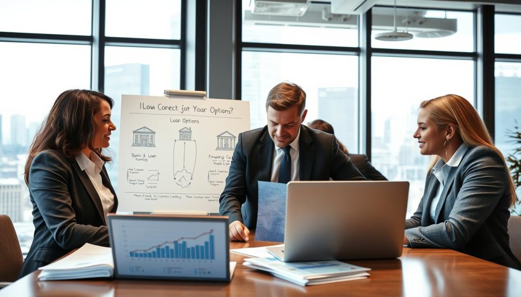 A professional office setting depicting a diverse group of individuals engaged in a discussion around financial options. In the foreground, a male and female in business attire are reviewing documents on a table, with a laptop open displaying graphs and statistics about loan options. The middle ground features a whiteboard filled with diagrams illustrating the difference between banks, financing companies, and private lending. In the background, large windows show a busy cityscape, creating a dynamic and modern atmosphere. The lighting is bright and inviting, enhancing the sense of professionalism. The image conveys a mood of collaboration and informed decision-making, suitable for a financial analysis context. A professional office setting depicting a diverse group of individuals engaged in a discussion around financial options. In the foreground, a male and female in business attire are reviewing documents on a table, with a laptop open displaying graphs and statistics about loan options. The middle ground features a whiteboard filled with diagrams illustrating the difference between banks, financing companies, and private lending. In the background, large windows show a busy cityscape, creating a dynamic and modern atmosphere. The lighting is bright and inviting, enhancing the sense of professionalism. The image conveys a mood of collaboration and informed decision-making, suitable for a financial analysis context.