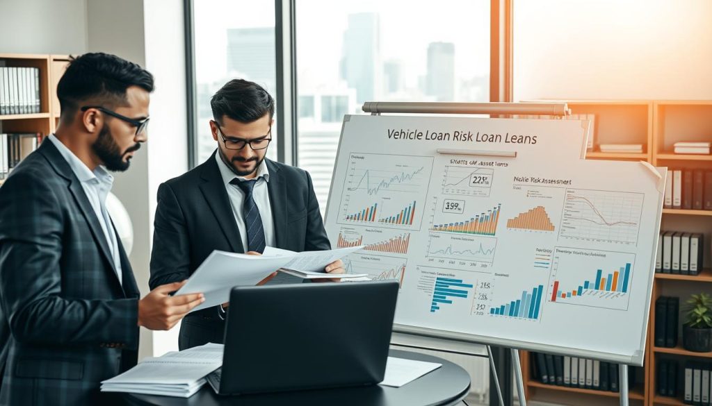 A professional office setting depicting the concept of "vehicle loan risk assessment." In the foreground, a diverse group of three individuals in business attire—two men and one woman—analyzing documents and graphs displayed on a laptop. The middle ground features a whiteboard filled with charts and risk assessment statistics, emphasizing the complexities of extended loan terms. In the background, shelves lined with financial books and a window showing a bustling cityscape, creating a dynamic environment. The lighting is soft and natural, coming from the window, enhancing the serious mood. The image should evoke a sense of professionalism and focus on financial strategies related to long-term vehicle loans, emphasizing the core risks involved.