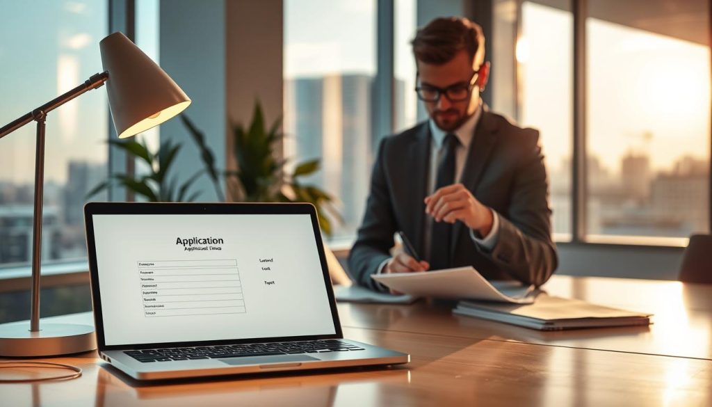 A professional office setting during the early morning hours, showcasing a bright and welcoming atmosphere. The foreground features a sleek desk with a laptop open, displaying a digital application form for a loan, illuminated by the warm glow of a desk lamp. In the middle, a businessperson dressed in professional attire, focused and determined, is reviewing documents and taking notes. The background reveals large windows with soft morning light streaming in, overlooking a cityscape with clear skies. The scene conveys a sense of urgency and opportunity, capturing the essence of optimal submission times, emphasizing productivity and success in a calm yet energetic environment. The overall mood is hopeful, with a hint of ambition and professionalism. A professional office setting during the early morning hours, showcasing a bright and welcoming atmosphere. The foreground features a sleek desk with a laptop open, displaying a digital application form for a loan, illuminated by the warm glow of a desk lamp. In the middle, a businessperson dressed in professional attire, focused and determined, is reviewing documents and taking notes. The background reveals large windows with soft morning light streaming in, overlooking a cityscape with clear skies. The scene conveys a sense of urgency and opportunity, capturing the essence of optimal submission times, emphasizing productivity and success in a calm yet energetic environment. The overall mood is hopeful, with a hint of ambition and professionalism.