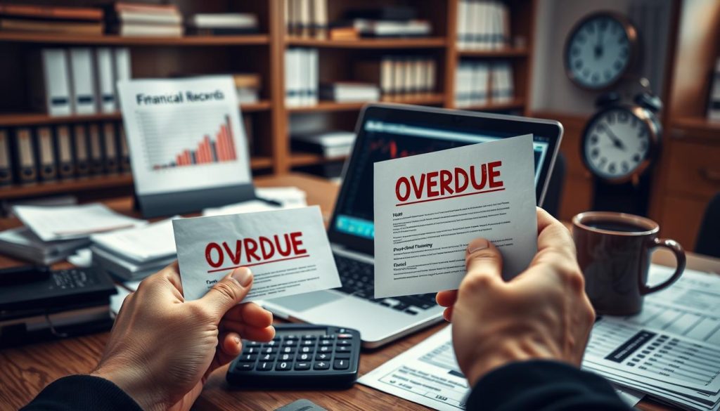 A professional office setting featuring a close-up view of a business desk cluttered with financial documents and overdue notices. The foreground shows a pair of hands with neatly manicured nails holding a letter with bold red "OVERDUED" markings. In the middle, a laptop screen displays a spreadsheet filled with financial data, while a calculator and a cup of coffee rest nearby. The background is softly blurred, showcasing shelves lined with financial books and a clock indicating late hours. The lighting is warm and focused, creating a serious yet contemplative atmosphere. This composition captures the tension and concern associated with overdue records, reflecting a sense of urgency in the world of personal finance.