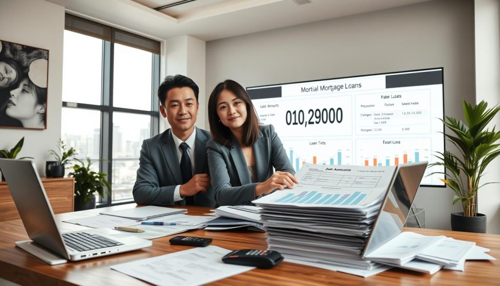 A professional office setting, featuring a confident Asian businessman and businesswoman engaged in a discussion over financial charts and documents regarding mortgage loans. The foreground displays a well-organized wooden desk cluttered with folders, a calculator, and a laptop showcasing graphs about loan amounts. In the middle ground, a large digital screen shows relevant statistics, emphasizing loan limits and terms. The background features a large window with city skyline views under soft natural lighting, creating a dynamic atmosphere of focus and collaboration. A modern décor adds to the professionalism, with abstract art on the walls and plants in the corners. The mood is serious and analytical, reflecting the importance of understanding loan limits in financial decision-making. A professional office setting, featuring a confident Asian businessman and businesswoman engaged in a discussion over financial charts and documents regarding mortgage loans. The foreground displays a well-organized wooden desk cluttered with folders, a calculator, and a laptop showcasing graphs about loan amounts. In the middle ground, a large digital screen shows relevant statistics, emphasizing loan limits and terms. The background features a large window with city skyline views under soft natural lighting, creating a dynamic atmosphere of focus and collaboration. A modern décor adds to the professionalism, with abstract art on the walls and plants in the corners. The mood is serious and analytical, reflecting the importance of understanding loan limits in financial decision-making.