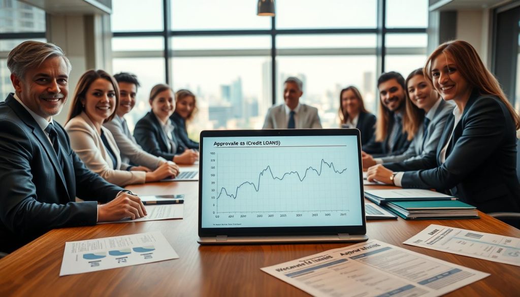 A professional office setting featuring a confident, diverse group of individuals in business attire gathered around a large conference table, engaged in a discussion about credit loans. In the foreground, a well-organized laptop displays a graph indicating approval rates over time, with charts and figures illustrating optimal application periods. The middle ground includes documents and credit application forms spread across the table, symbolizing the application process. In the background, a large window reveals a sunny cityscape, suggesting a hopeful atmosphere. Soft, natural lighting fills the room, creating a warm and inviting mood, while the angle captures the group from slightly above, providing a dynamic perspective. A professional office setting featuring a confident, diverse group of individuals in business attire gathered around a large conference table, engaged in a discussion about credit loans. In the foreground, a well-organized laptop displays a graph indicating approval rates over time, with charts and figures illustrating optimal application periods. The middle ground includes documents and credit application forms spread across the table, symbolizing the application process. In the background, a large window reveals a sunny cityscape, suggesting a hopeful atmosphere. Soft, natural lighting fills the room, creating a warm and inviting mood, while the angle captures the group from slightly above, providing a dynamic perspective.