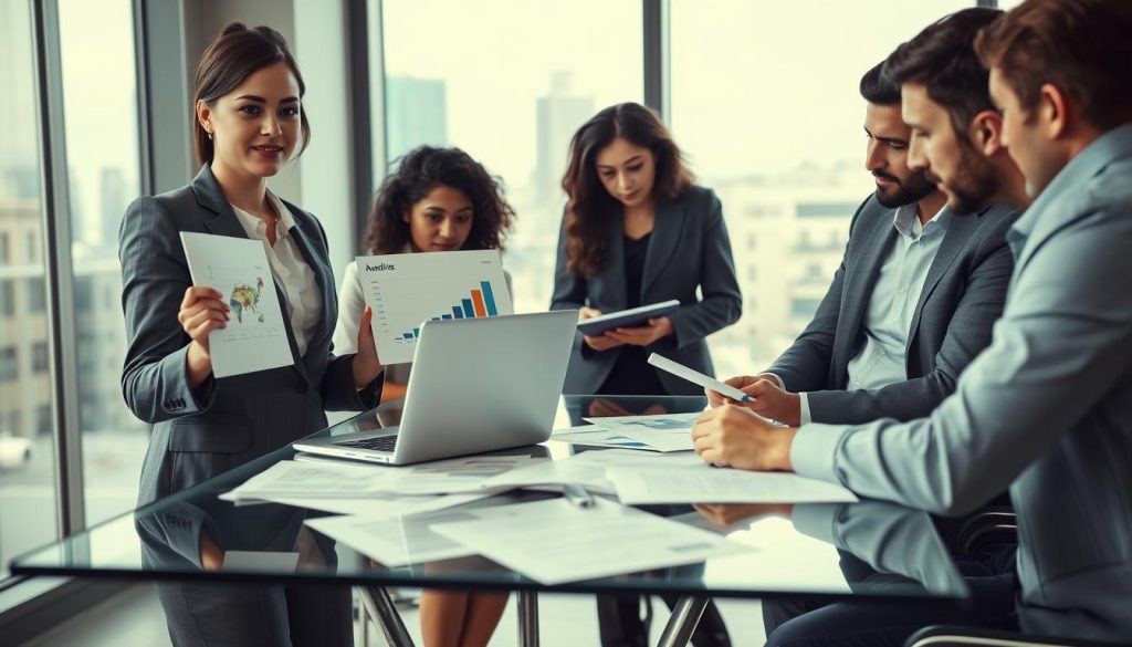 A professional office setting, featuring a diverse group of businesspeople engaged in a serious discussion about financial auditing. In the foreground, a confident woman in a tailored suit presents a visually engaging chart on a laptop, symbolizing data disclosure. To her right, a focused man takes notes on a notepad, while another colleague leans in, analyzing documents strewn across a sleek glass table. The background shows a large window with city views, allowing soft natural light to illuminate the scene, creating a calm yet serious atmosphere. The overall mood conveys professionalism, collaboration, and the importance of transparency in financial negotiations, with an emphasis on attentive listening and meticulous examination of information. No text or logos. A professional office setting, featuring a diverse group of businesspeople engaged in a serious discussion about financial auditing. In the foreground, a confident woman in a tailored suit presents a visually engaging chart on a laptop, symbolizing data disclosure. To her right, a focused man takes notes on a notepad, while another colleague leans in, analyzing documents strewn across a sleek glass table. The background shows a large window with city views, allowing soft natural light to illuminate the scene, creating a calm yet serious atmosphere. The overall mood conveys professionalism, collaboration, and the importance of transparency in financial negotiations, with an emphasis on attentive listening and meticulous examination of information. No text or logos.