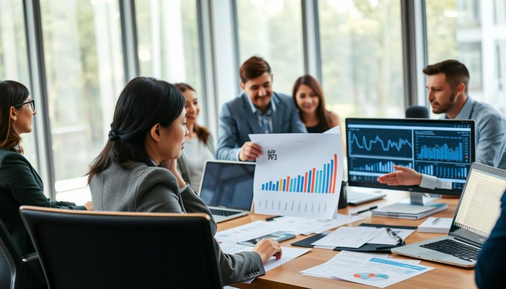 A professional office setting featuring a diverse group of individuals engaged in discussion around a meeting table covered with documents, laptops, and charts related to credit score analysis. In the foreground, a focused Asian woman in business attire examines a chart displaying "聯徵查詢次數" with thoughtful consideration, while a Caucasian man gestures towards a digital screen showing data trends. The background is filled with large windows allowing natural light to illuminate the modern office environment. The mood conveys a sense of collaboration and strategic planning, emphasizing professionalism and focus on credit inquiry management. The scene captures the essence of careful financial strategizing without any text or captions. A professional office setting featuring a diverse group of individuals engaged in discussion around a meeting table covered with documents, laptops, and charts related to credit score analysis. In the foreground, a focused Asian woman in business attire examines a chart displaying "聯徵查詢次數" with thoughtful consideration, while a Caucasian man gestures towards a digital screen showing data trends. The background is filled with large windows allowing natural light to illuminate the modern office environment. The mood conveys a sense of collaboration and strategic planning, emphasizing professionalism and focus on credit inquiry management. The scene captures the essence of careful financial strategizing without any text or captions.