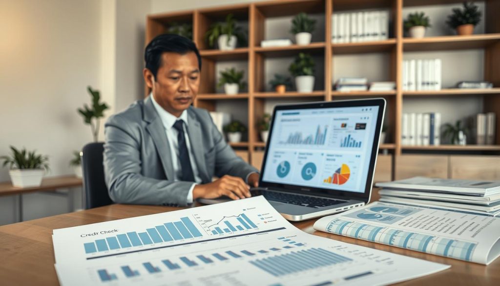 A professional office setting featuring a financial analyst sitting at a desk, reviewing a detailed credit report on a laptop. The analyst, a middle-aged Asian male dressed in formal business attire, appears focused and engaged. In the foreground, there are charts and graphs printed on paper, illustrating credit inquiries and scores. The middle ground holds the laptop displaying digital data analytics related to credit checks, with soft, ambient lighting illuminating the scene. In the background, a large bookshelf filled with financial literature and potted plants creates a calm, focused atmosphere. The overall mood is serious and analytical, capturing the essence of credit evaluation and the implications of excessive inquiries in personal finance.