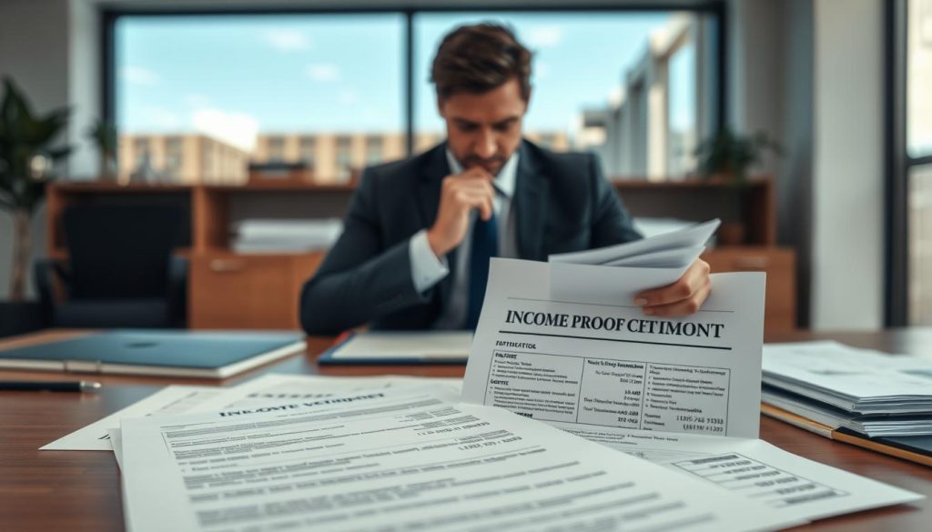 A professional office setting featuring a neatly arranged desk with important financial documents, including a clear and detailed "Income Proof" statement prominently displayed in the foreground. The middle ground showcases a focused individual in professional business attire, examining the documents with a thoughtful expression, symbolizing the challenges of unstable income verification. The background highlights a modern office environment with soft, diffused lighting coming from large windows, casting gentle shadows that enhance the serious atmosphere. Use a shallow depth of field to emphasize the documents and the person while softly blurring the office setting, creating a mood of contemplation and concern about financial stability.