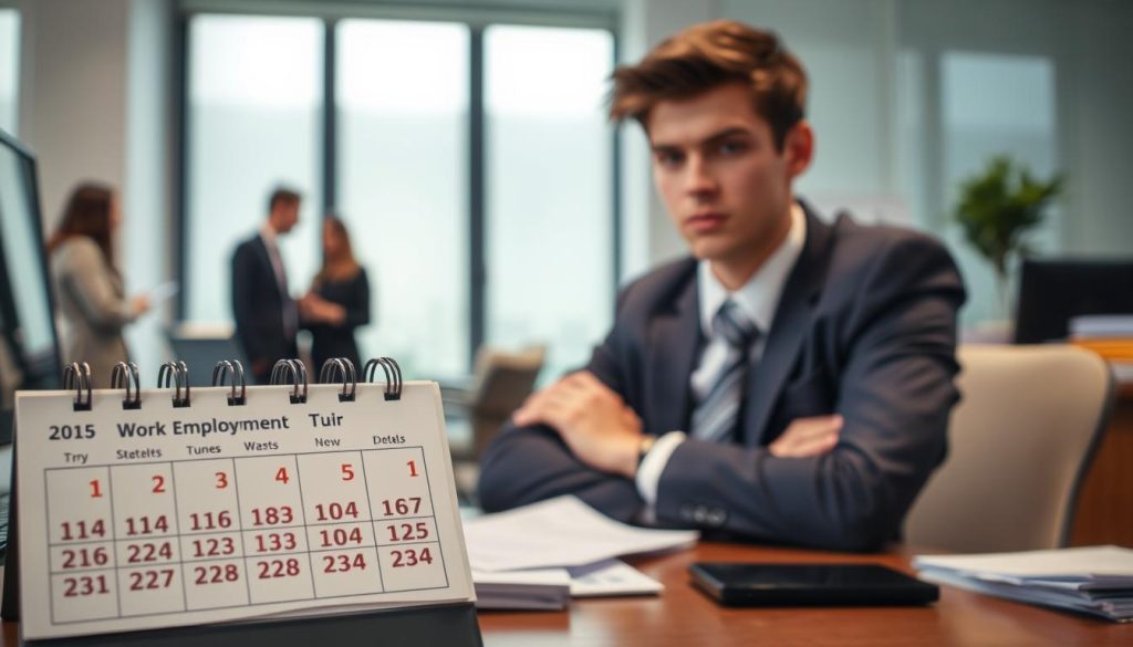 A professional office setting featuring a young person dressed in business attire, seated at a desk cluttered with documents and a laptop, exuding a sense of uncertainty. In the foreground, a close-up of a calendar marked with dates indicating short employment durations, symbolizing limited work experience. The middle ground shows a slightly blurred view of a window with natural light streaming in, casting a soft glow over the scene, highlighting the individual’s contemplative expression. In the background, office colleagues can be seen discussing, suggesting the dynamics of frequent job changes. The atmosphere is both serious and introspective, capturing the essence of hesitation in applying for personal loans amid a short work history.