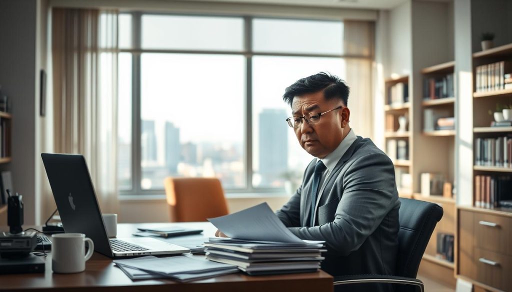 A professional office setting focused on a frustrated individual, a middle-aged Asian man in business attire, sitting at a desk cluttered with loan documents and a laptop, his expression reflecting disappointment after being denied a loan. In the middle ground, a large window shows a view of a cityscape, signaling uncertainty and opportunity. Soft, natural light filters through, casting gentle shadows, suggesting a tense yet hopeful atmosphere. On the desk, a coffee cup and a stack of papers emphasize the effort put into the loan application. In the background, shelves filled with books on finance and business hint at research and knowledge. The overall mood is contemplative, capturing the moment of reflection and the decision to reconsider his approach to securing a loan.