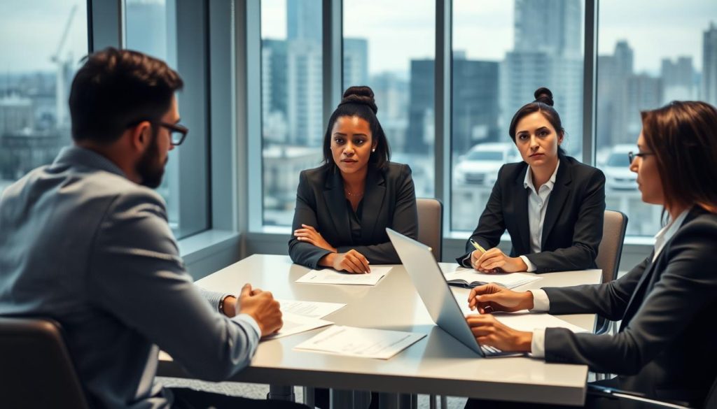 A professional office setting focused on negotiations related to auto loan issues. In the foreground, a diverse group of three individuals in business attire (a man and a woman sitting across a conference table from a woman standing) are engaged in a serious discussion. The scene conveys the tension and importance of their conversation, with documents and a laptop open between them. In the middle ground, soft lighting highlights their serious expressions, accentuating the mood of concern and determination. The background includes a modern office environment with a cityscape visible through large windows, symbolizing the external pressures of financial obligations. The overall atmosphere should reflect professionalism, urgency, and collaboration.