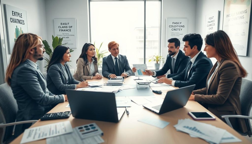 A professional office setting focused on personal credit loan applications. In the foreground, a diverse group of individuals dressed in business attire discusses loan paperwork around a modern conference table. The table is cluttered with financial documents, calculators, and a laptop displaying graphs. In the middle ground, a large window allows natural light to fill the room, casting soft shadows. A financial advisor holds a tablet, pointing to key figures, while the others listen intently. The background features a sleek design with plants and motivational posters about finance. The atmosphere is serious yet collaborative, emphasizing the importance of understanding basic concepts and core conditions for loan approval. Bright, warm lighting enhances a professional mood.