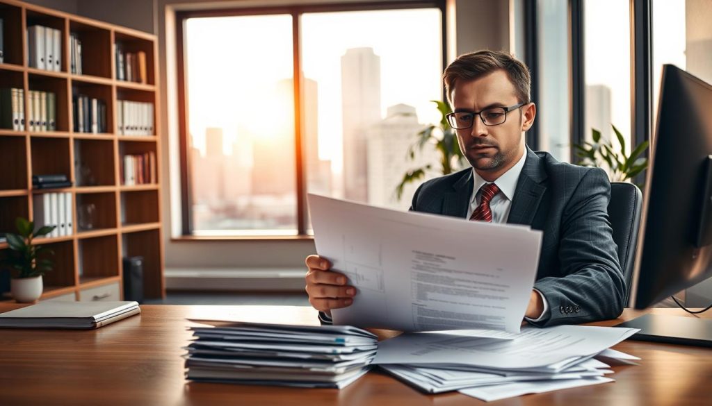 A professional office setting focused on the theme of credit approval processes, featuring a well-dressed loan officer sitting at a desk with a computer, reviewing a folder of loan applications. The foreground shows the officer's focused expression, with documents spread out, emphasizing attention to detail. In the middle ground, a large window reveals a modern cityscape, bathed in warm, natural light creating a welcoming atmosphere. The background includes shelves filled with finance-related books and a potted plant enhancing the professional environment. The overall mood is serious yet hopeful, capturing the tension of a loan approval situation, with soft lighting for an inviting feel.