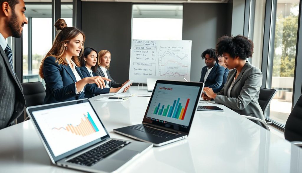 A professional office setting, highlighting a diverse group of businesspeople in smart attire gathered around a sleek conference table. In the foreground, an open laptop displays financial graphs and cash flow statements, while a businesswoman points towards the screen with an expression of focus and determination. In the middle, a large whiteboard tracks various income streams and repayment capacities with colorful charts and bullet points. The background features large windows allowing natural light to illuminate the room, creating a bright and engaging atmosphere. The camera angle is slightly elevated, capturing the collaboration and intensity of the discussion, emphasizing the importance of cash flow analysis in decision-making.