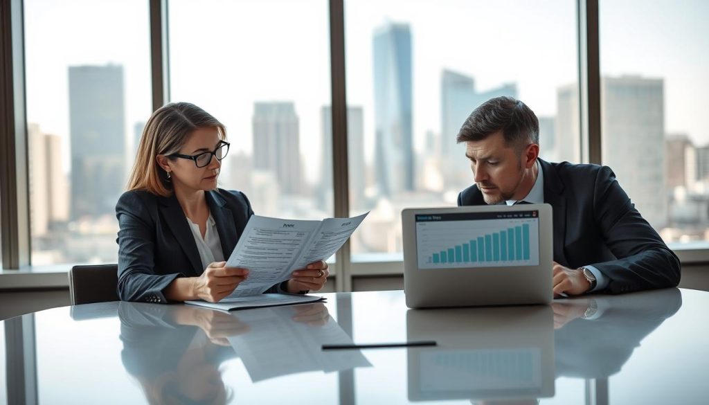 A professional office setting reflecting a discussion about personal credit loans, with a middle-aged businesswoman and businessman seated at a modern conference table. The businesswoman, wearing smart business attire, is thoughtfully examining documents labeled with logos of various banks, while the businessman is looking at a laptop screen displaying financial charts. In the background, large windows let in soft natural light, illuminating a city skyline and adding a bright, optimistic atmosphere to the scene. The focus is on the interaction and the serious nature of financial decision-making, capturing a sense of caution and analysis regarding multiple loan applications. The camera angle is slightly above eye level, providing a clear view of both subjects and their workspace.