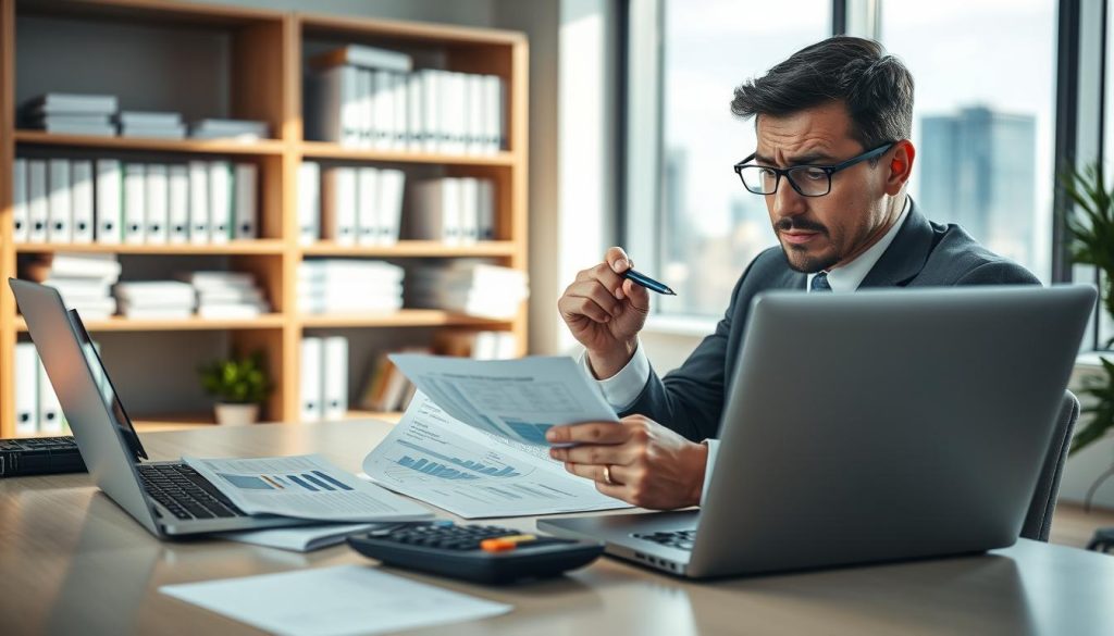 A professional office setting showcasing a concerned individual sitting at a desk, reviewing documents related to personal loans. In the foreground, there is a laptop with a calculator and financial papers, displaying charts and numbers indicative of loan applications. The middle ground features the person, dressed in business attire, with a thoughtful expression and a pen in hand, symbolizing decision-making and risk assessment. The background includes shelves filled with financial books and a window showing a cityscape, suggesting a corporate environment. Soft, natural lighting filters in from the window, creating a serious yet hopeful atmosphere. The overall mood reflects contemplation and caution about personal lending decisions, emphasizing the risks involved.