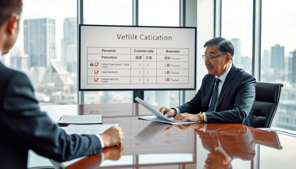 A professional office setting showcasing a discussion about vehicle classification. In the foreground, a well-dressed bank manager, wearing a tailored suit, sits at a polished conference table, analyzing documents that distinguish between personal and commercial vehicles. In the middle, a large screen displays a detailed chart outlining the definitions and criteria for "自用車" (personal vehicles) versus "營業用車" (business vehicles). In the background, a cityscape can be seen through large windows, hinting at the business atmosphere. Soft, natural lighting illuminates the room, creating a focused yet inviting mood. The scene conveys professionalism and clarity in distinguishing vehicle purposes without any text or distractions.