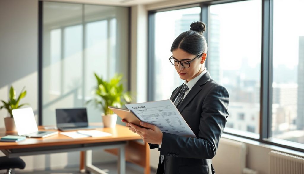 A professional office setting showcasing a personal credit check or assessment. In the foreground, a focused individual in smart business attire examines a digital report on a tablet, looking thoughtful and engaged. The middle ground features a modern desk with office supplies, a laptop, and a potted plant, creating a productive atmosphere. In the background, a large window reveals a cityscape bathed in soft, natural light, suggesting a bright and hopeful mood. The image conveys a sense of responsibility and diligence regarding personal finance, emphasizing the importance of understanding one’s credit report before applying for loans. The lighting is bright and inviting, with a shallow depth of field that keeps the focus on the individual and the tablet.