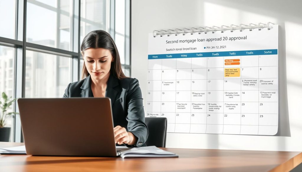 A professional office setting showcasing the process of a second mortgage loan approval timeline. In the foreground, a businesswoman in formal attire reviews paperwork at a desk, with a laptop open displaying a digital loan application. In the middle ground, a large wall calendar with highlighted dates marks the key phases of the approval process, such as submission, review, and disbursement. The background features a modern office environment with large windows allowing natural light to fill the room, casting soft shadows. The mood is focused and professional, emphasizing clarity and organization as essential elements in the financial approval process. The scene captures the essence of diligence in navigating mortgage loan procedures. A professional office setting showcasing the process of a second mortgage loan approval timeline. In the foreground, a businesswoman in formal attire reviews paperwork at a desk, with a laptop open displaying a digital loan application. In the middle ground, a large wall calendar with highlighted dates marks the key phases of the approval process, such as submission, review, and disbursement. The background features a modern office environment with large windows allowing natural light to fill the room, casting soft shadows. The mood is focused and professional, emphasizing clarity and organization as essential elements in the financial approval process. The scene captures the essence of diligence in navigating mortgage loan procedures.