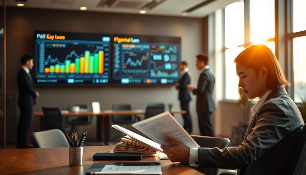 A professional office setting showcasing "人工審核" (manual review). In the foreground, a focused business person in formal attire examines financial documents at a desk, illuminated by warm, soft lighting to create an inviting atmosphere. The middle ground features a large screen displaying graphical data and analytics, reflecting the complexity of personal loan assessments. In the background, blurred figures of colleagues engaged in discussions illustrate teamwork and collaboration. The overall mood is serious yet hopeful, indicating the importance of thorough review processes in financial matters. Captured from a slightly elevated angle to emphasize the action and details, ensuring clarity and depth in the scene.