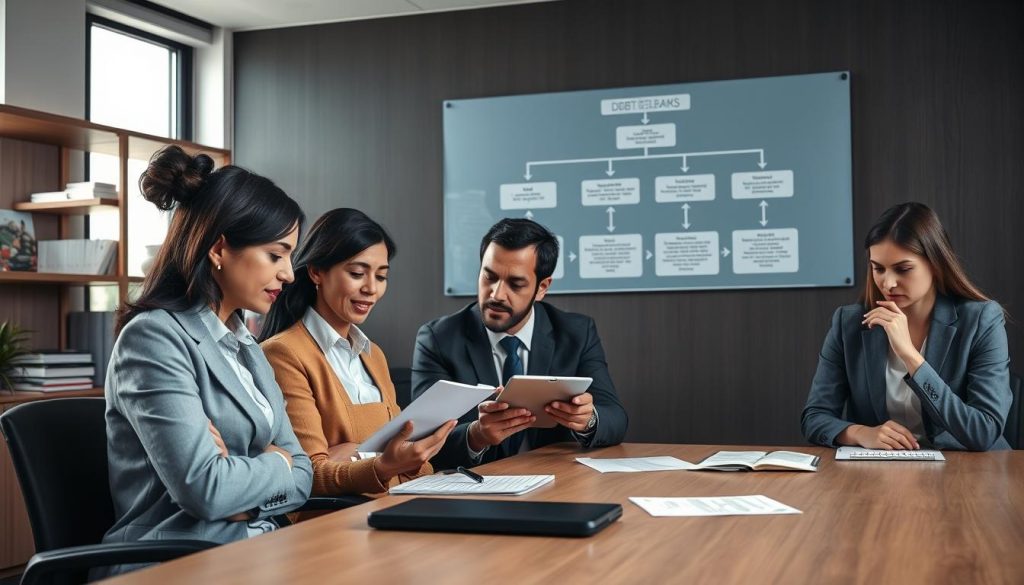 A professional office setting showing a team of bank employees engaged in a structured debt collection process. In the foreground, a diverse group of three professionals—two women and one man—are seated at a conference table, examining documents and discussing strategies. The woman on the left is sharing insights, while the man takes notes on a tablet, and the other woman looks thoughtfully at a flowchart on the wall. In the middle ground, a large wall-mounted diagram outlines the steps of the debt collection process, featuring arrows and flow lines to indicate progression. The background includes shelves with financial books and a window with soft natural light illuminating the room, fostering a focused and serious atmosphere. The overall mood is professional and earnest, reflecting the importance of managing overdue loans.
